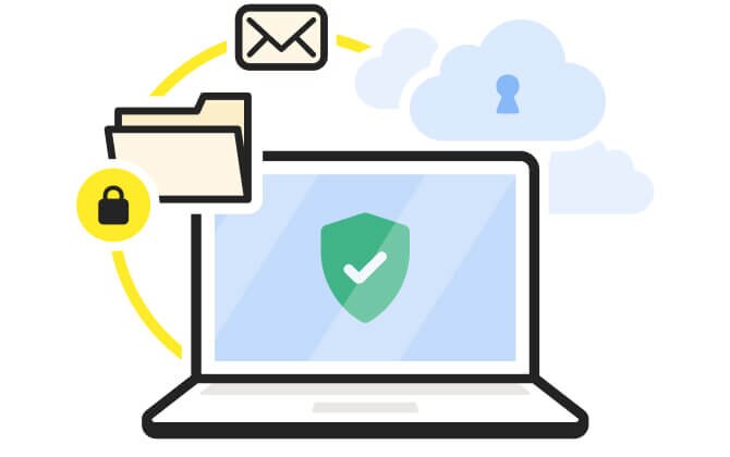 Ilustración de computadora portátil con carpeta de equipo e icono de correo electrónico